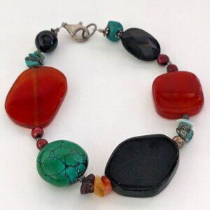 Artisan 925 Silver Agate, Onyx, Pearl, Stone Chip Bracelet